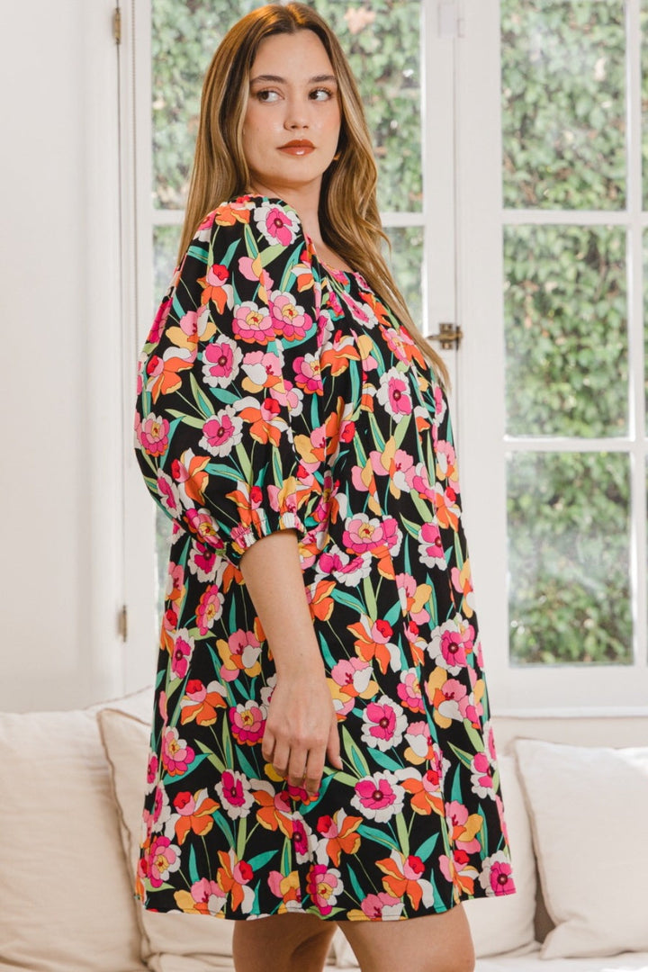 ODDI Full Size Floral Puff Sleeve Mini Dress-2