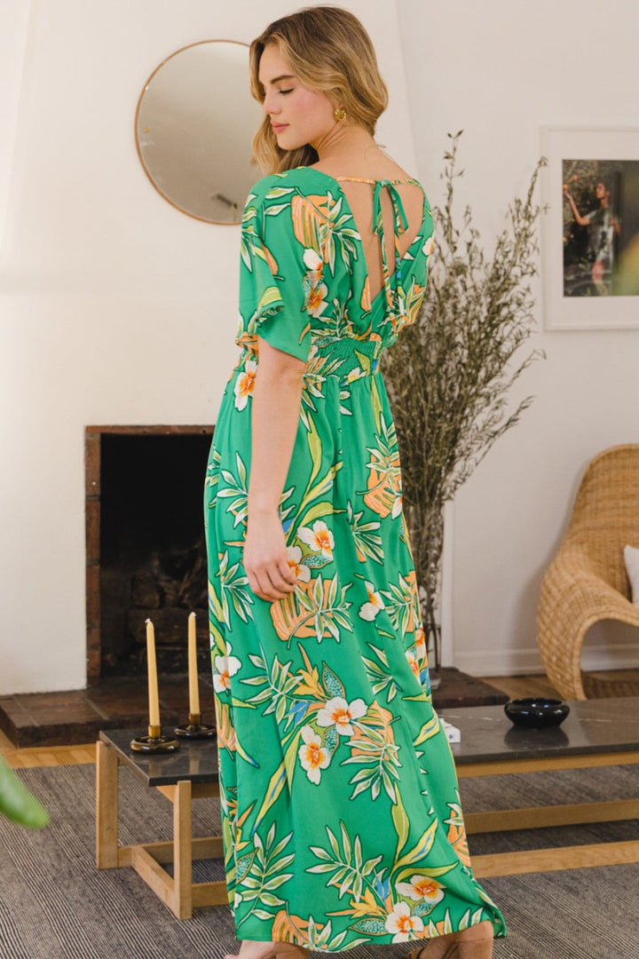ODDI Full Size Floral Smocked Tied Back Maxi Dress-2