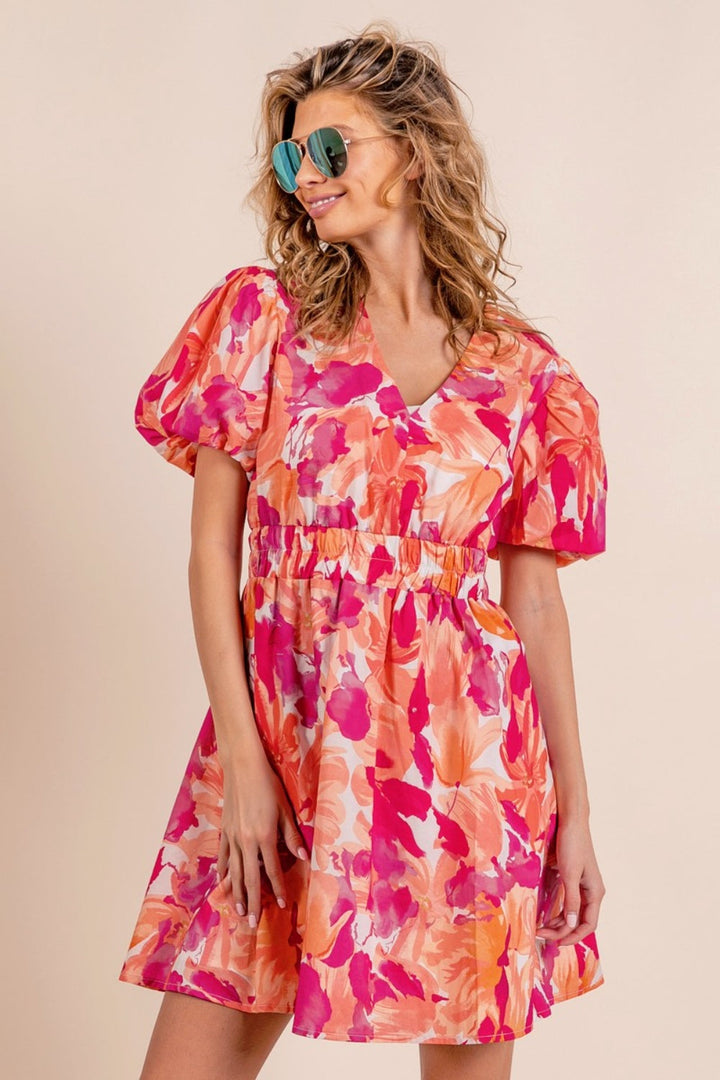 BiBi Floral V-Neck Puff Sleeve Mini Dress-0