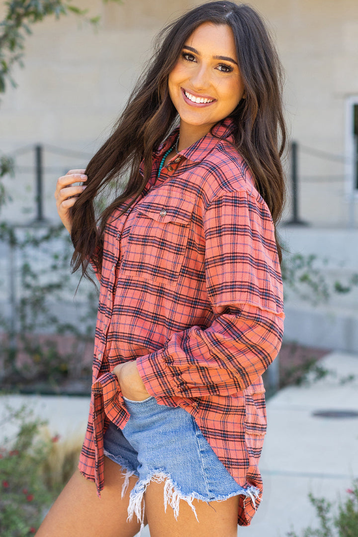 Plaid Long Sleeve Side Split Distressed Shirt-2
