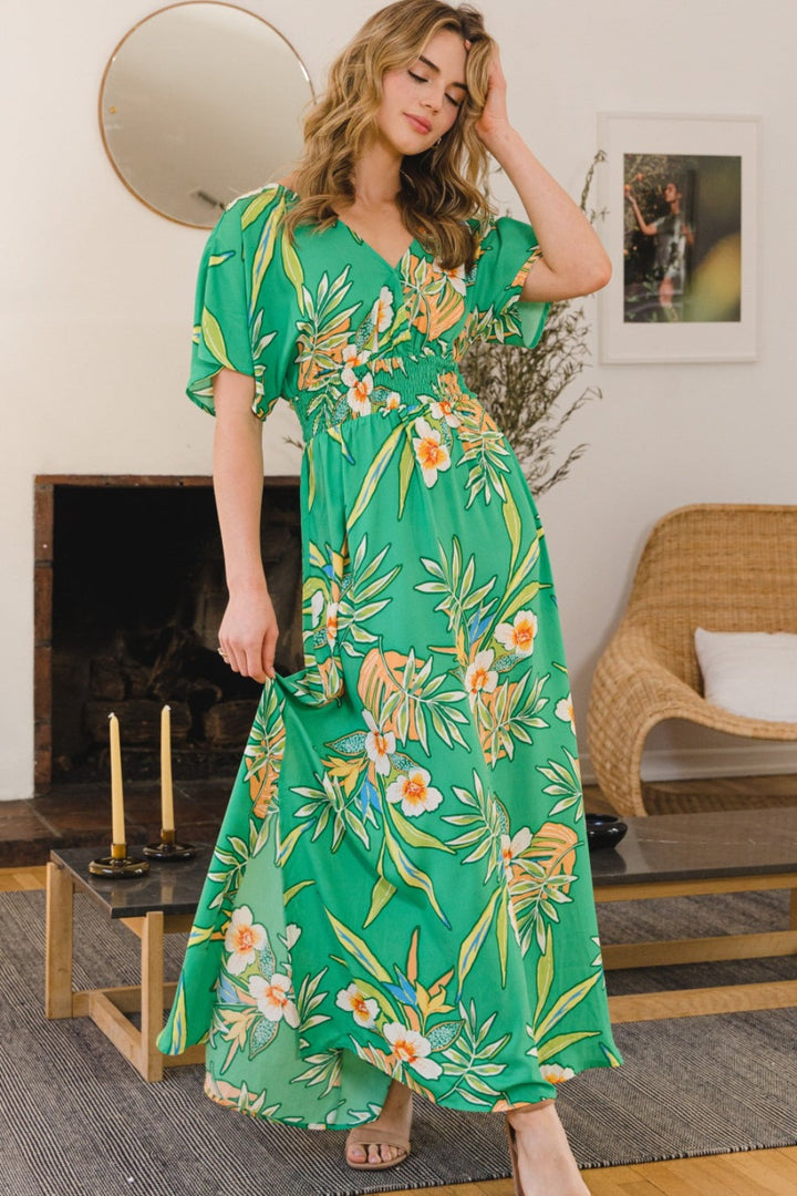 ODDI Full Size Floral Smocked Tied Back Maxi Dress-3