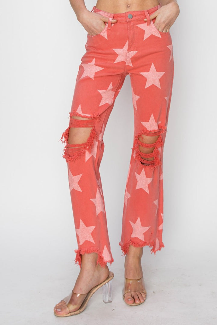 RISEN Full Size Distressed Raw Hem Star Pattern Jeans-2