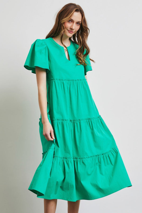 HEYSON Full Size Cotton Poplin Ruffled Tiered Midi Dress-0