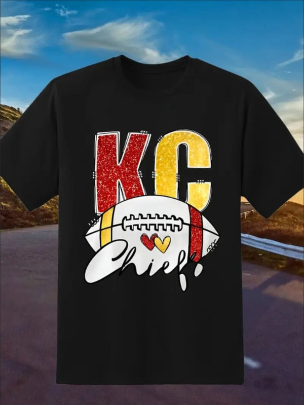KC, Football Graphic Print T-Shirt - Crew Neck, A Comfortable Women's Short-sleeved Crew Neck T-shirt For Everyday Wear And Stylish Layering