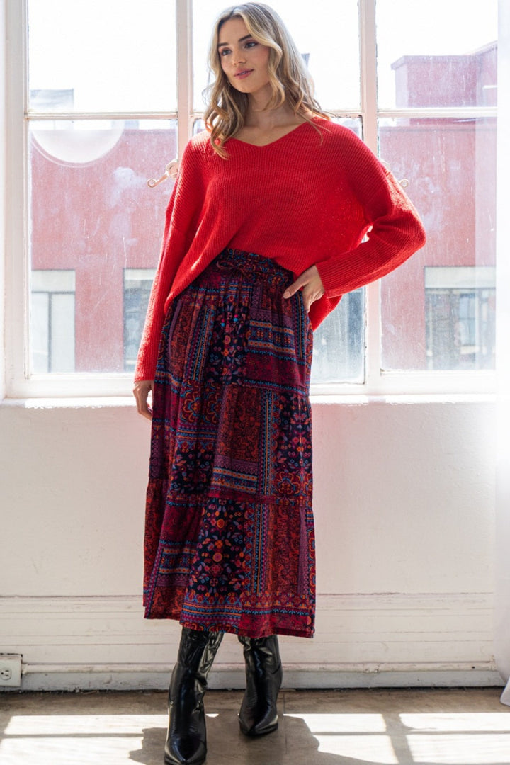 ODDI Full Size Printed Tiered Maxi Skirt-2