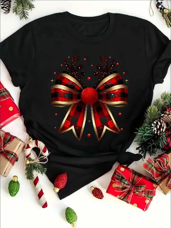 Women'S Casual Cotton T-Shirt With Christmas Bow Print - Short Sleeve, Crewneck, Regular Fit, Geometric Pattern, All Seasons