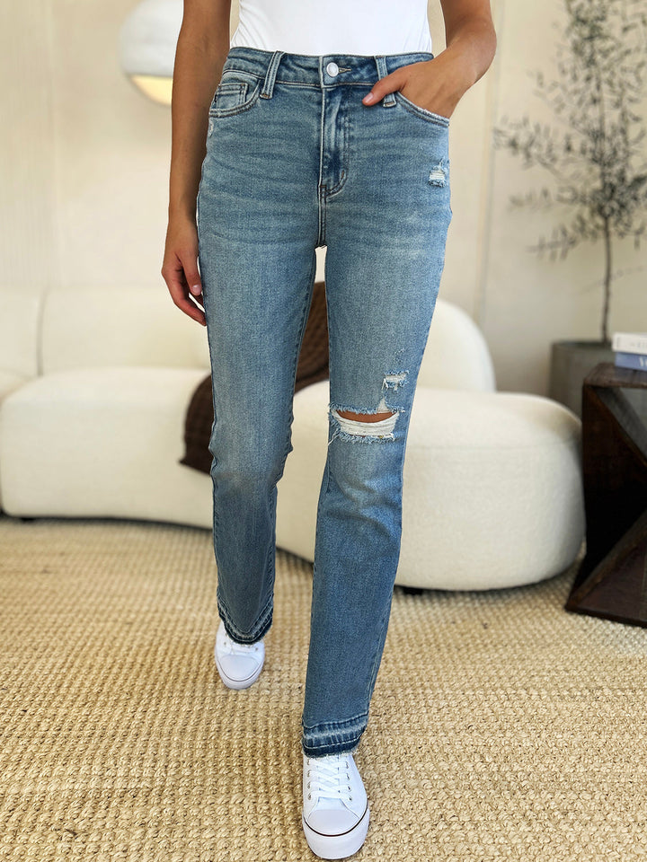 Judy Blue Full Size Mid Rise Destroyed Hem Distressed Jeans-1
