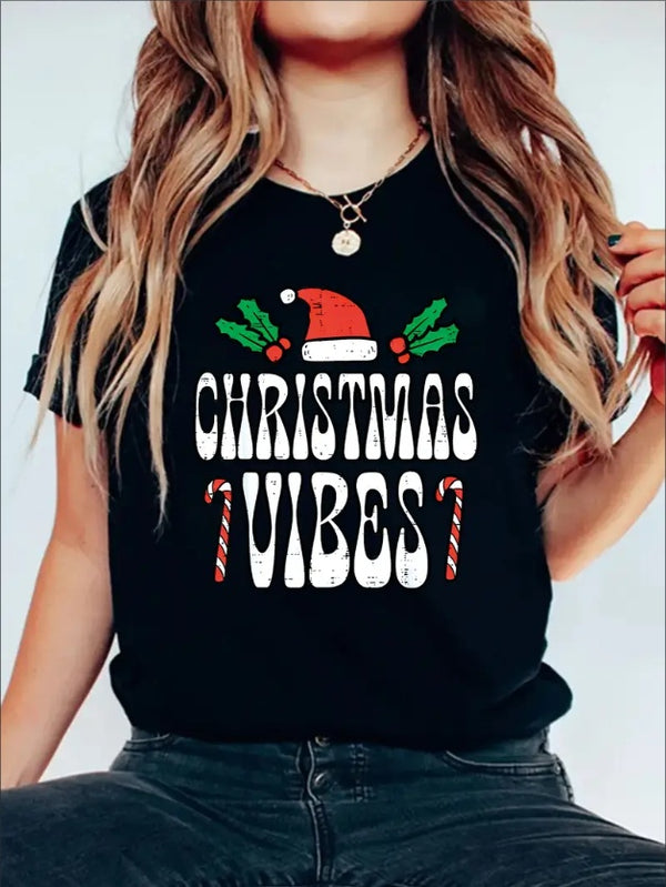 Christmas Vibes Print T-shirt, Short Sleeve Crew Neck Casual Top For Summer & Spring, Women's Clothing