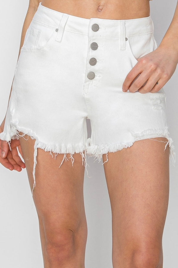 RISEN Button Fly Frayed Hem Denim Shorts-0