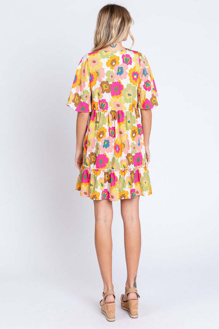 GeeGee Floral V-Neck Ruffle Hem Mini Dress-4