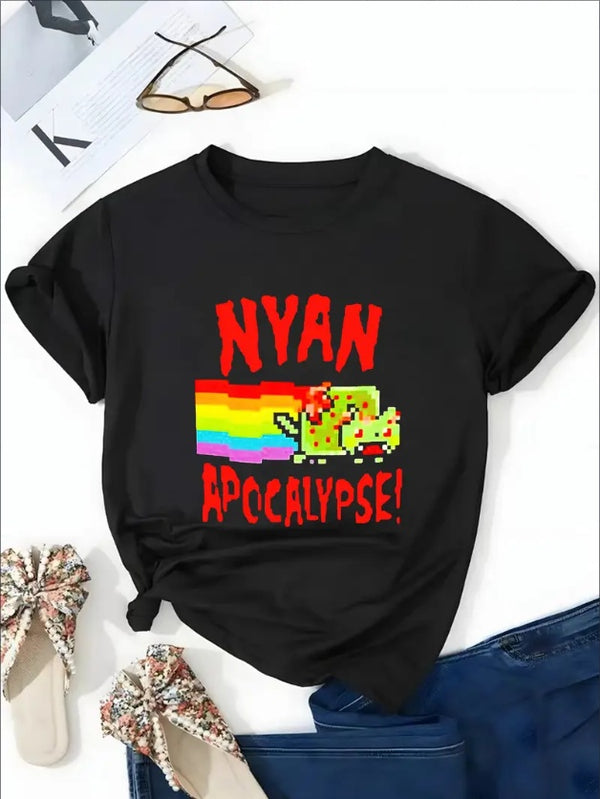 Nyan Apocalypse Graphic T-Shirt,, Casual Crew Neck, Short Sleeve, Regular Fit, Geometric Pattern, Knit Fabric, For All Seasons
