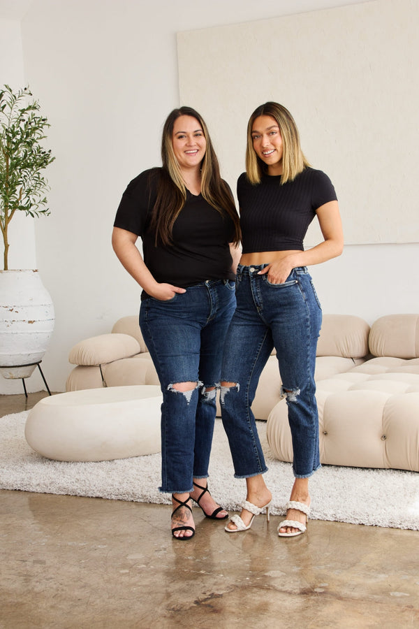 RFM Crop Dylan Full Size Tummy Control Distressed High Waist Raw Hem Jeans-0