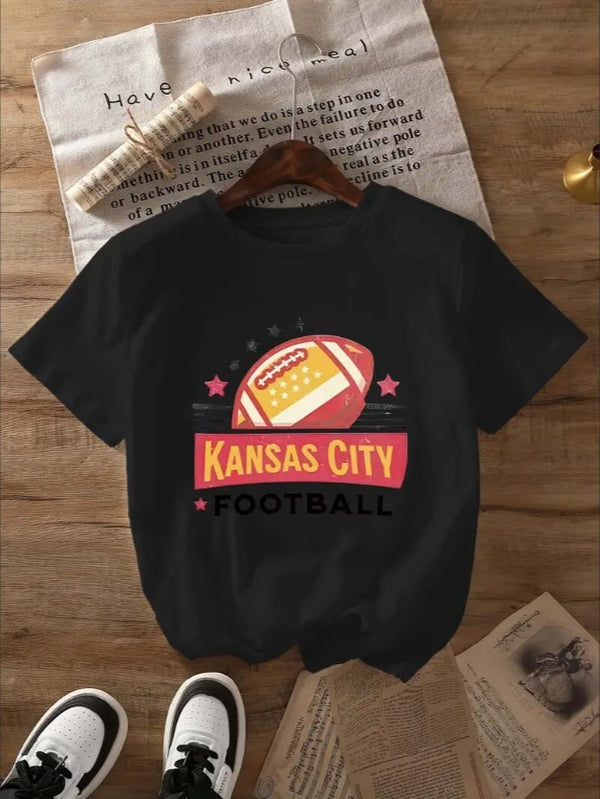 KC, Football Graphic Print T-Shirt - Crew Neck, A Comfortable Women's Short-sleeved Crew Neck T-shirt For Everyday Wear And Stylish Layering
