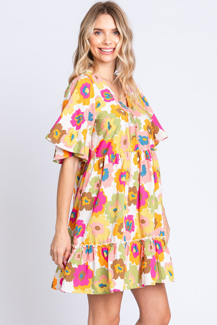 GeeGee Floral V-Neck Ruffle Hem Mini Dress-2