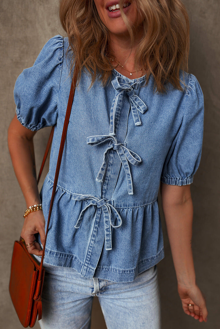 Hope Tied Front Bubble Sleeve Peplum Denim Shirt-2