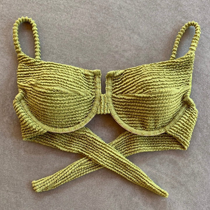 Pistachio Green Textured Panneled Bikini Top-1