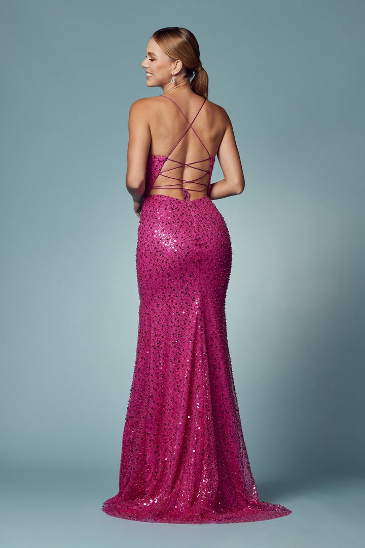 Open Criss Cross Back High Slit Embroidered Sequin Long Prom Dress NXR1031-4