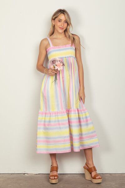 VERY J Striped Woven Smocked Midi Cami Dress-0