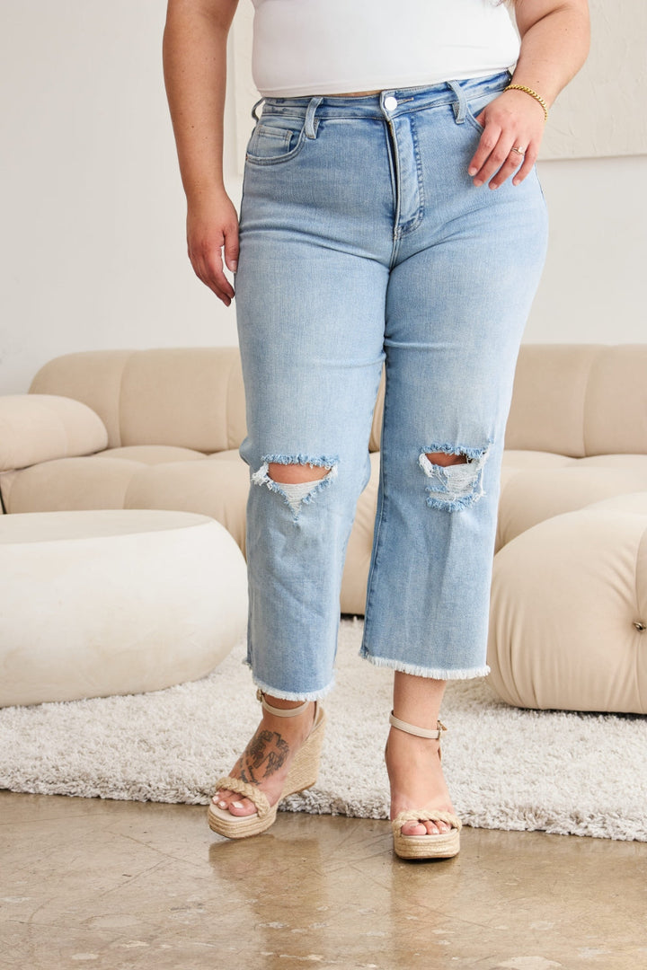 RFM Full Size Tummy Control High Waist Raw Hem Distressed Jeans-2
