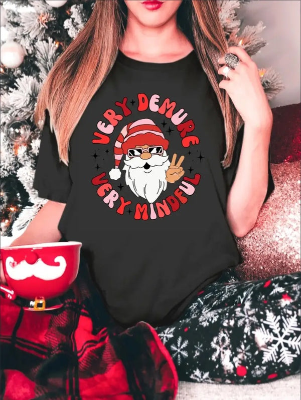 Women'S Christmas T-Shirt,  Santa Print, Casual Sporty Style,  Breathable Fabric, Round Neck, Unisex, All-Season Top