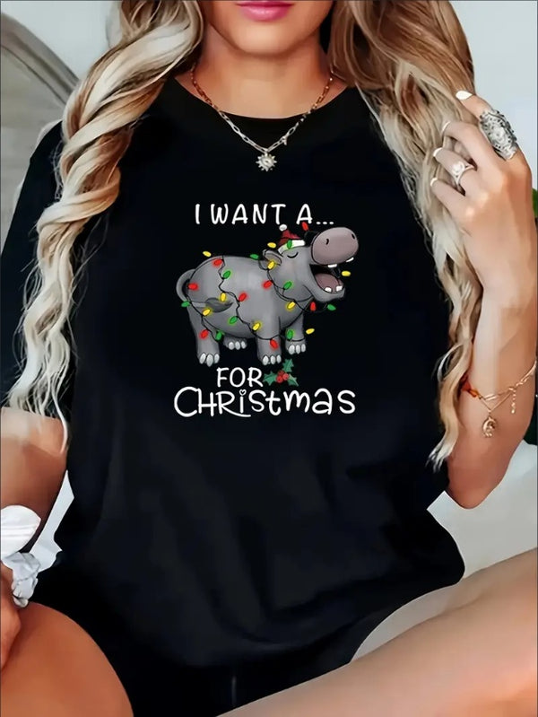 Plus Size Women's Christmas Elephant T-Shirt - Casual Short Sleeve Crew Neck, Soft Rayon  With Festive Lights Design, Machine Washable - Perfect For Spring & Summer