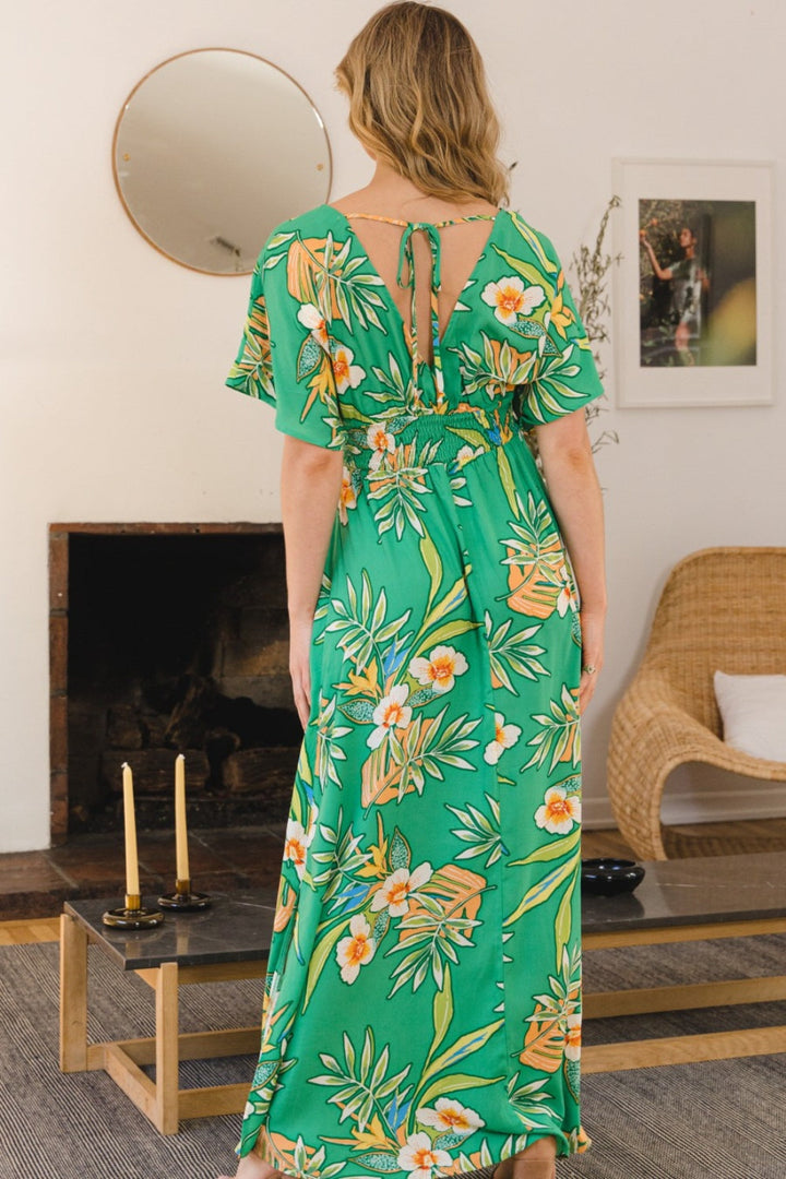 ODDI Full Size Floral Smocked Tied Back Maxi Dress-1