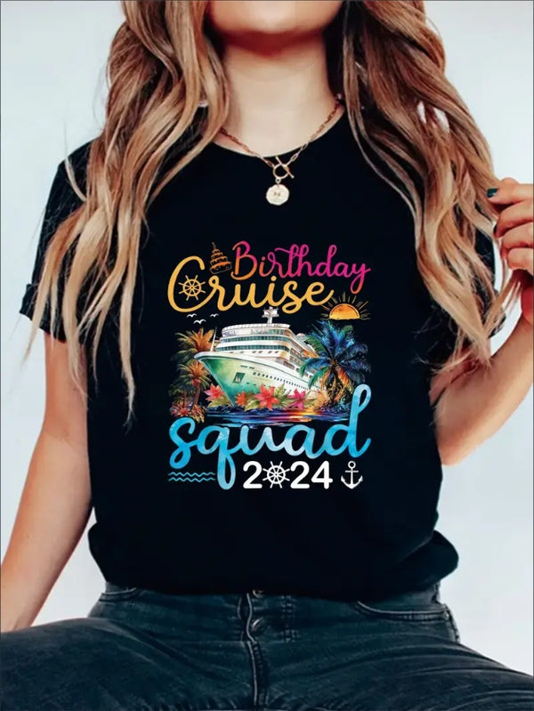 Birthday Squad 2024 Graphic Print Solid T-Shirt, Crew Neck Short Sleeve Casual Top For Summer & Spring, Women's Clothing