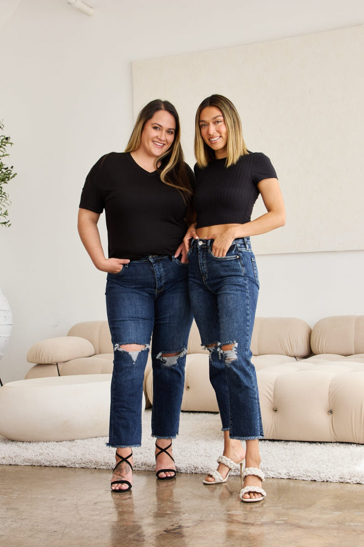 RFM Crop Dylan Full Size Tummy Control Distressed High Waist Raw Hem Jeans-2