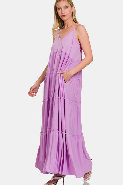 Zenana Frill Tiered V-Neck Maxi Cami Dress-0