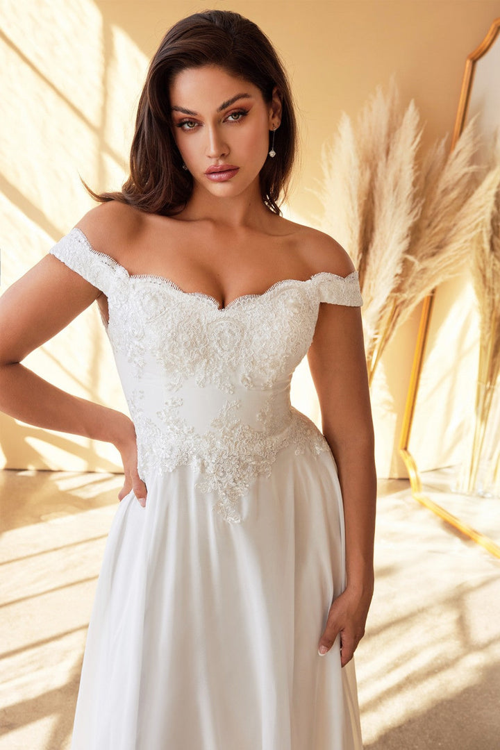 Off Shoulder Floral Bodice Appliqued Embroidered Top Cap Sleeves A-line Long Wedding Dress CD7258W Sale-2
