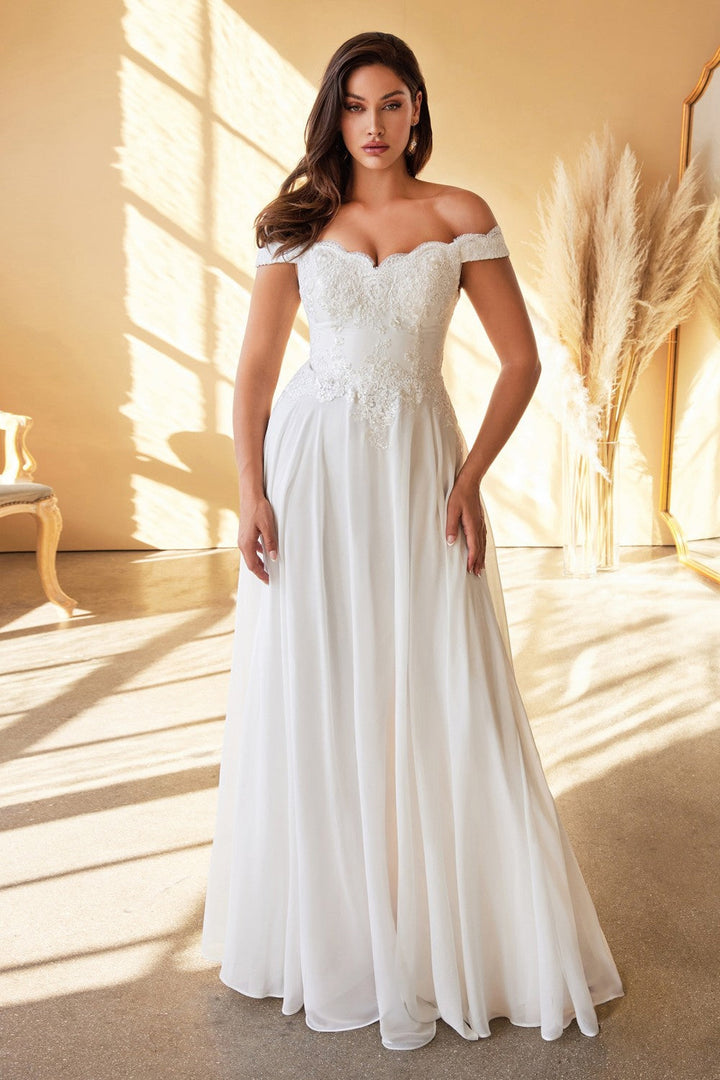 Off Shoulder Floral Bodice Appliqued Embroidered Top Cap Sleeves A-line Long Wedding Dress CD7258W Sale-0