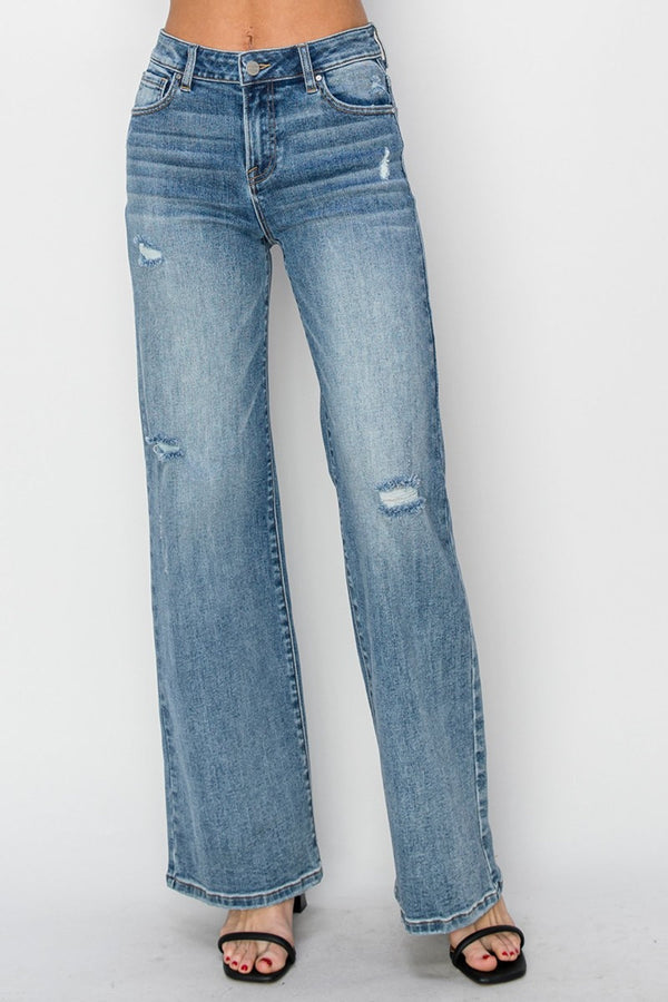 RISEN Full Size High Waist Distressed Wide Leg Jeans-0