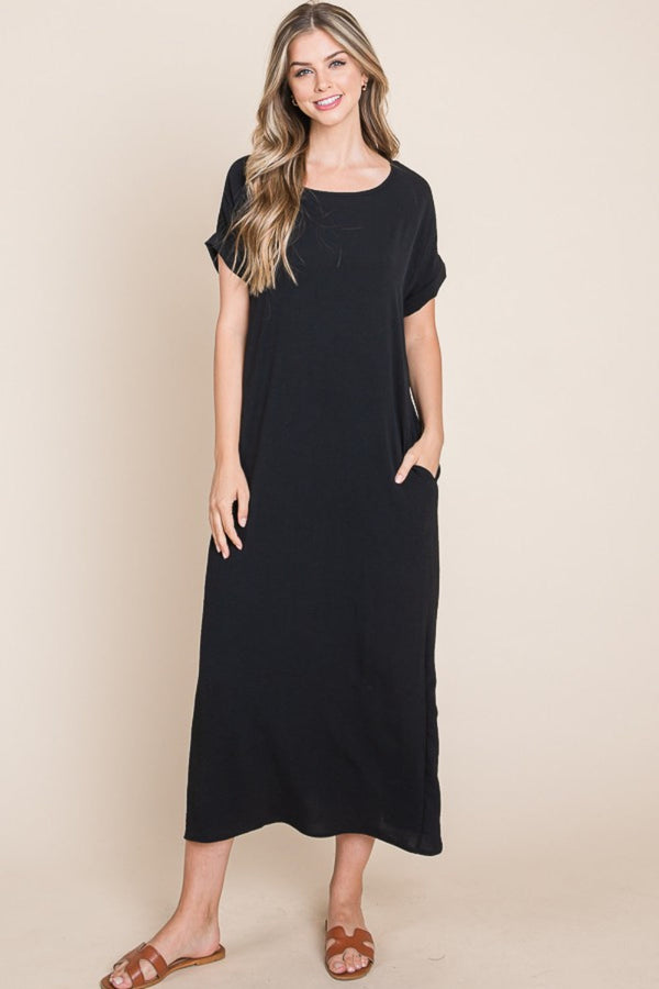 BOMBOM Round Neck Short Sleeve Midi Dress with Pockets-0