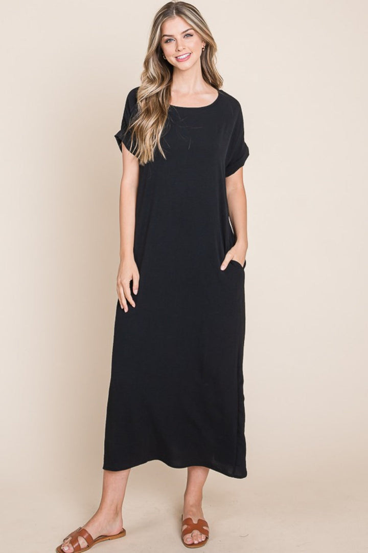 BOMBOM Round Neck Short Sleeve Midi Dress with Pockets-0