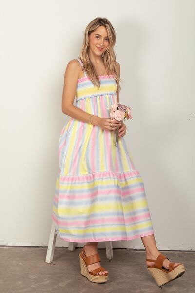 VERY J Striped Woven Smocked Midi Cami Dress-2