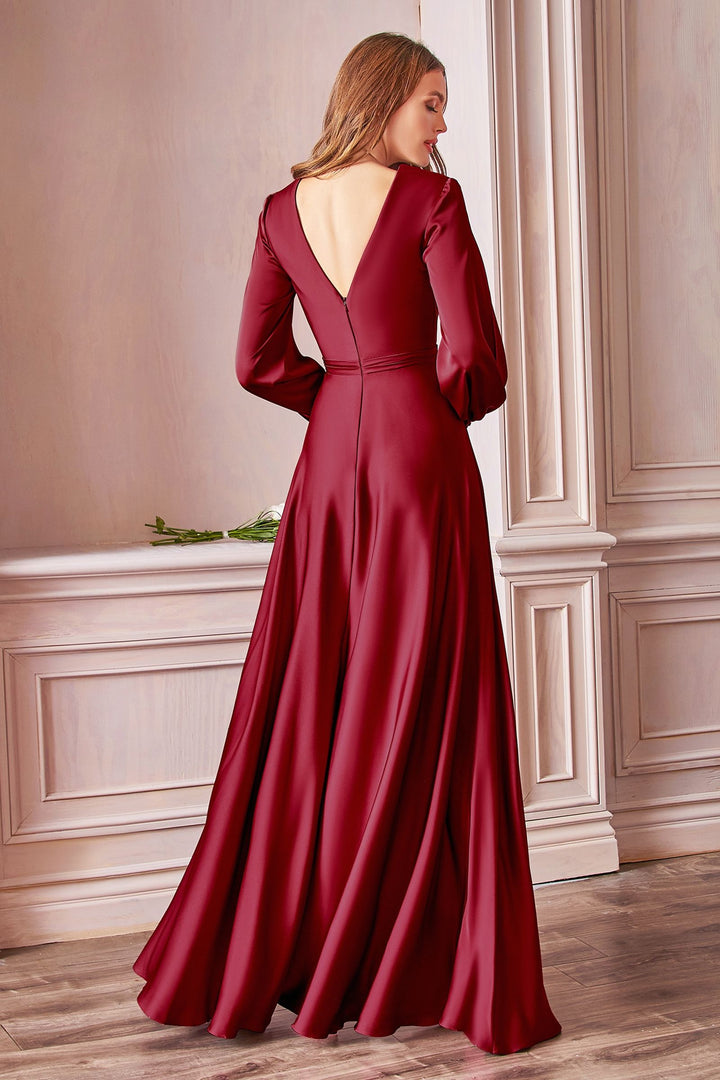 Satin V-Neckline Fitted on a waist A-Line Skirt Leg Slit Long Evening Dress-1