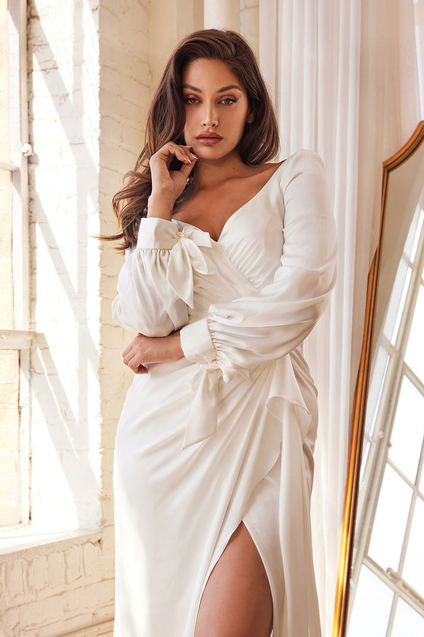 Wrap-Effect Long Sleeve Satin with a Leg Slit Long Wedding & Bridal Dress CD7478W-0