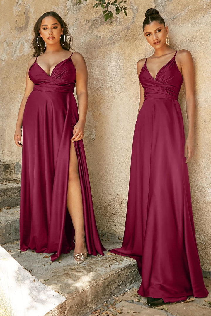 Satin A-line Deep V-Neckline Wrapped Bodice Open Back Long Prom & Bridesmaid Dress CD7485-3