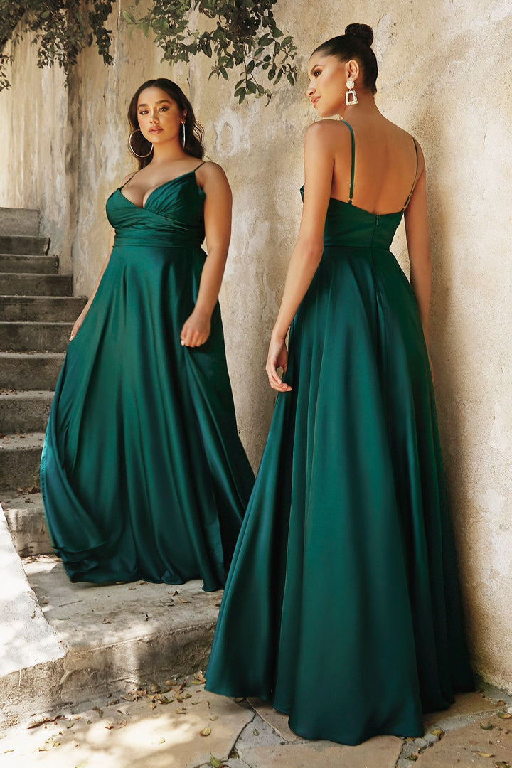 Satin A-line Deep V-Neckline Wrapped Bodice Open Back Long Prom & Bridesmaid Dress CD7485C-6