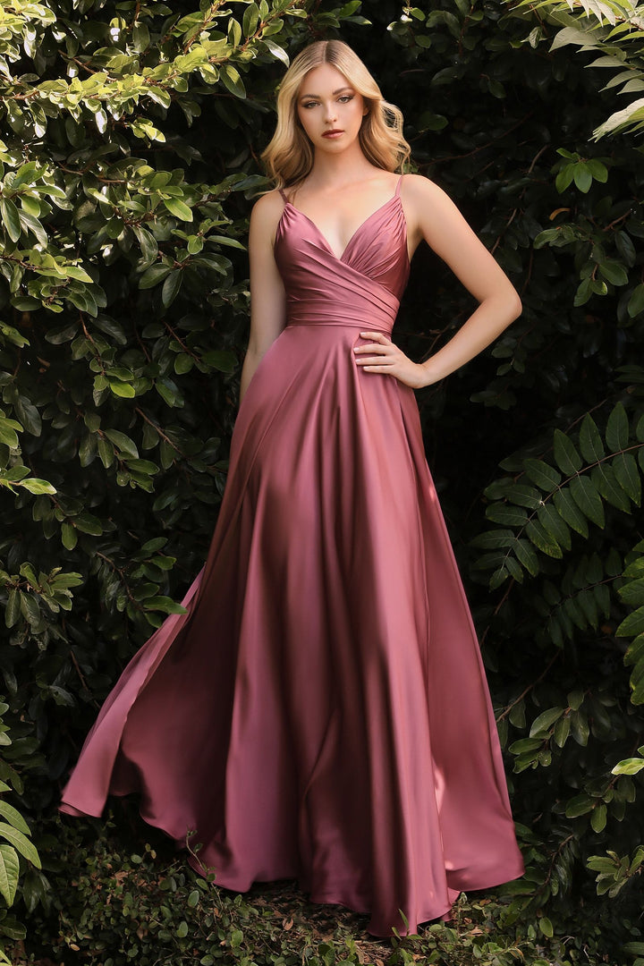 Satin A-line Deep V-Neckline Wrapped Bodice Open Back Long Prom & Bridesmaid Dress CD7485-2