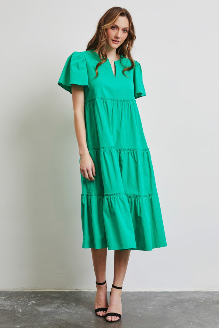 HEYSON Full Size Cotton Poplin Ruffled Tiered Midi Dress-3
