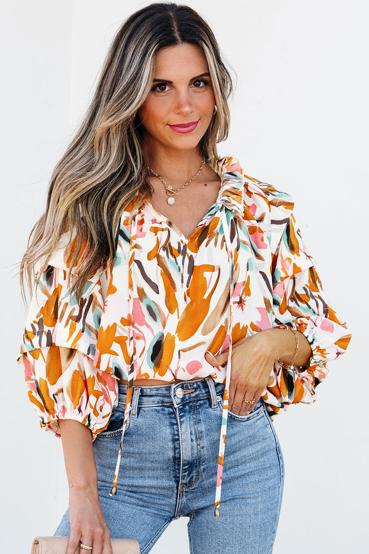 Aurelia Drawstring Frilled V Neck 3/4 Sleeve Blouse-0