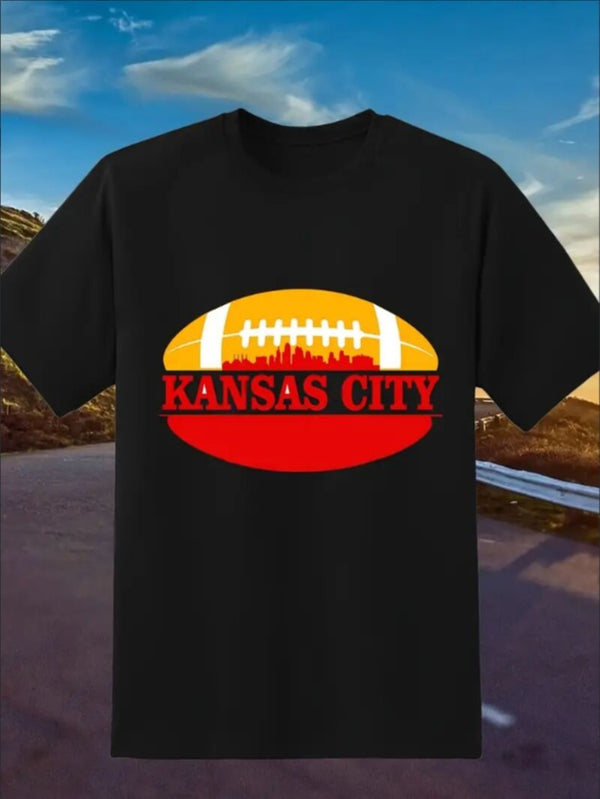 KC, Football Graphic Print T-Shirt - Crew Neck, A Comfortable Women's Short-sleeved Crew Neck T-shirt For Everyday Wear And Stylish Layering