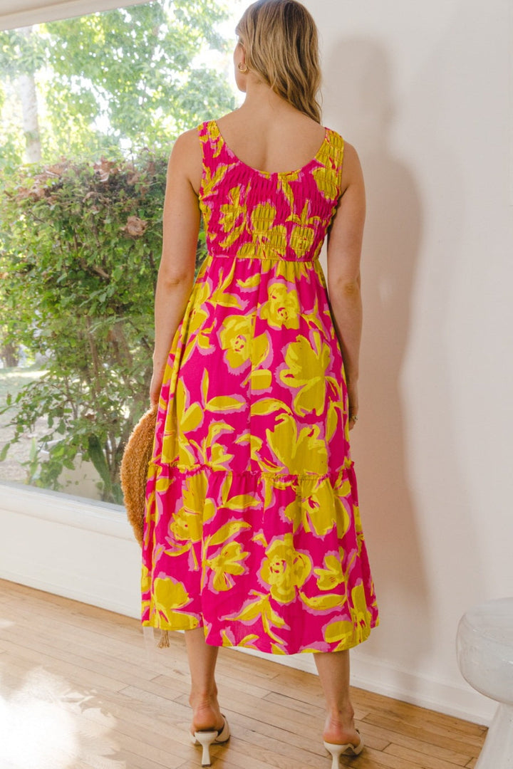 ODDI Full Size Floral Smocked Ruffled Midi Dress-1