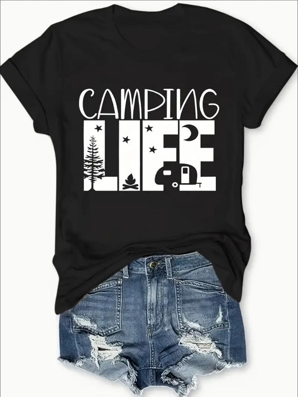 Ladies' Casual Letter Printed Round Neck T-shirt