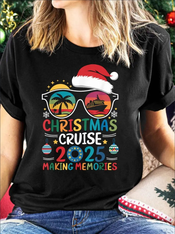 Christmas Cruise 2025 Memories Graphic Tee - Casual Crew Neck T-Shirt With Cartoon Print, Regular Fit, Short Sleeves - Machine Washable