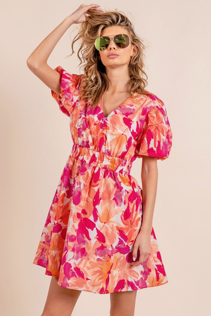 BiBi Floral V-Neck Puff Sleeve Mini Dress-2