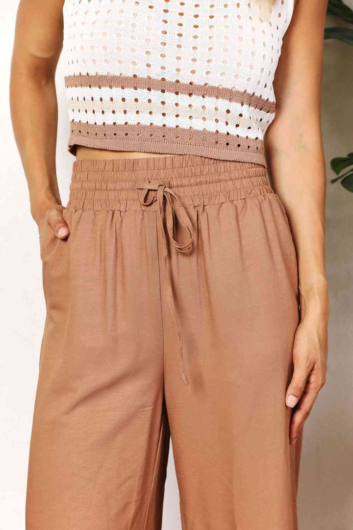 Double Take Drawstring Smocked Waist Wide Leg Pants-4