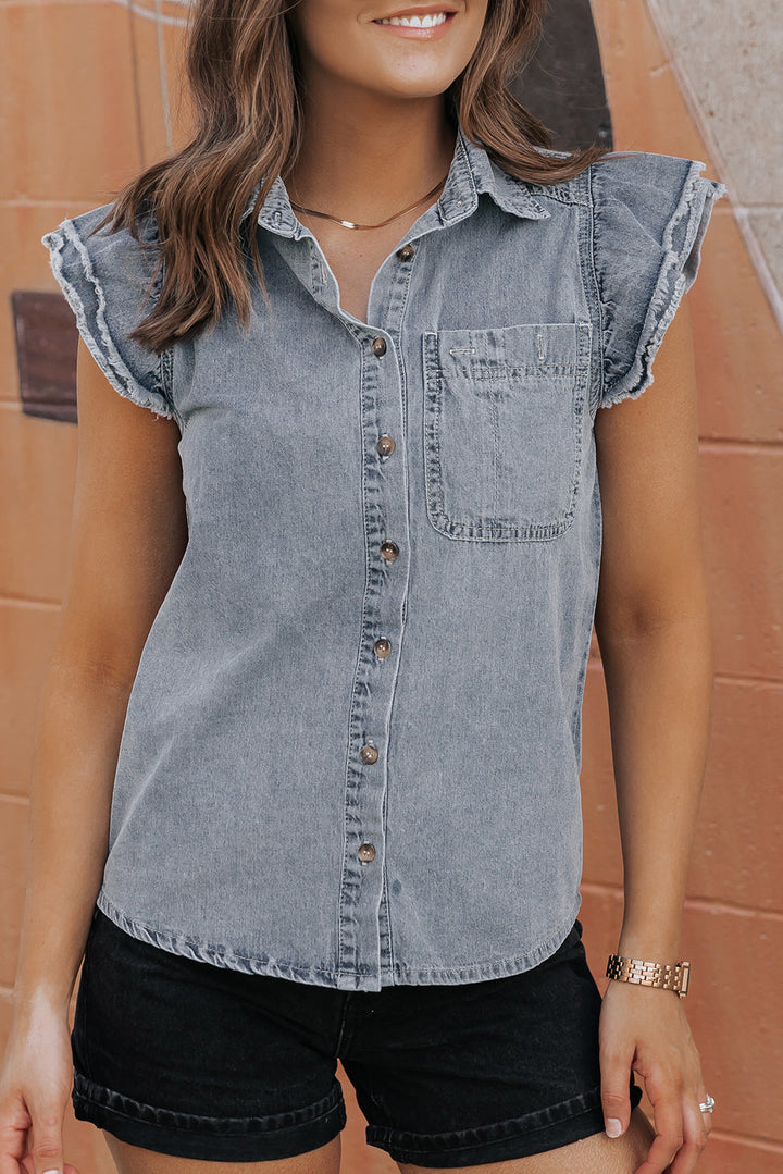 Bridget Frayed Ruffle Sleeve Denim Shirt-0