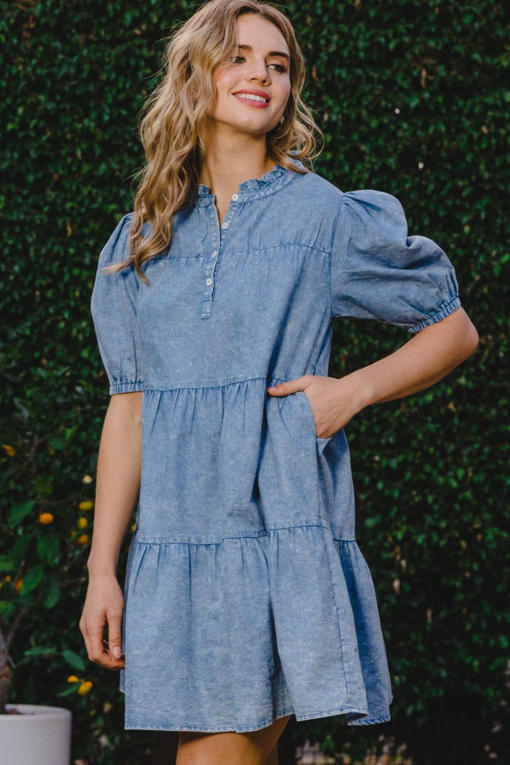 ODDI Washed Tiered Mini Denim Dress-3